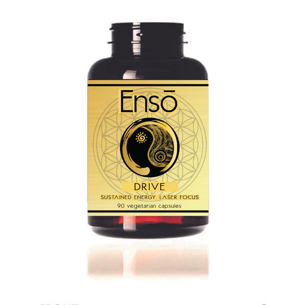 Ensō Drive supplement bottle with adaptogenic mushrooms and nootropics for focus and energy